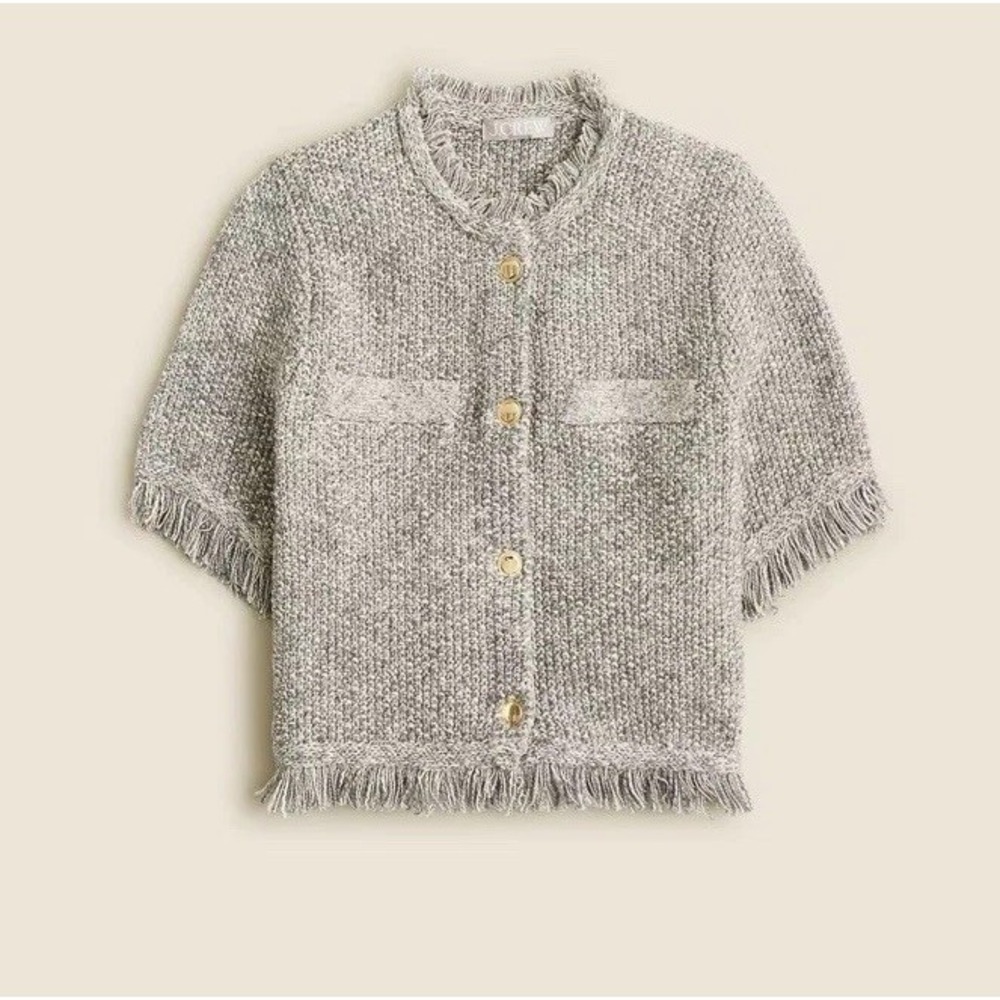 EUC J.Crew Cropped fringe-trim lady jacket marled yarn grey ivory preppy 2X